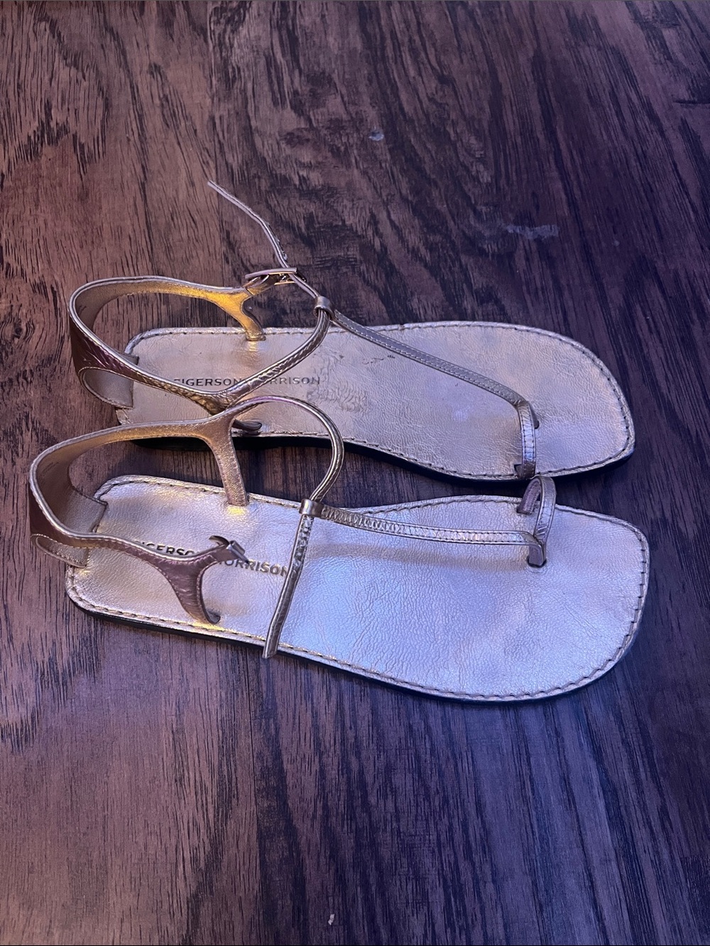 Sigerson Morrison Metallic Gold T-Strap Leather Sandals